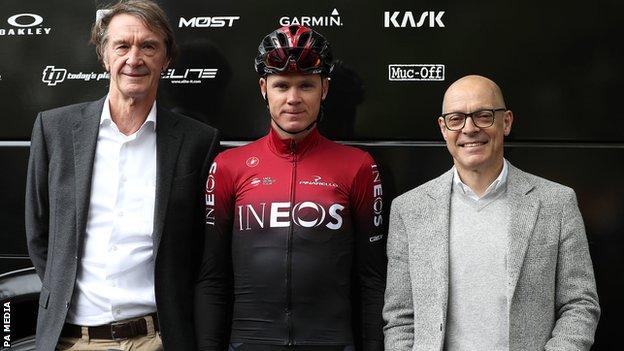 Sir Jim Ratcliffe (left), Chris Froome (second left) and Sir Dave Brailsford (right)