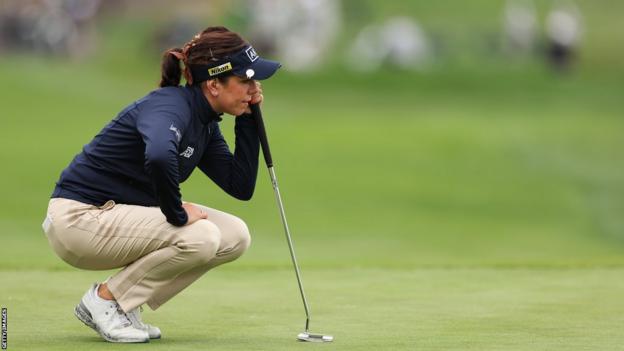 British golfer Georgia Hall lining up a putt at the US Women's Open 2023