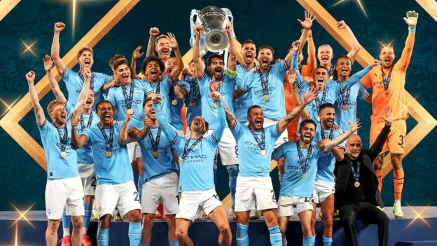 Manchester City celebrate winning Treble
