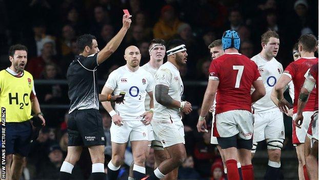 England centre Manu Tuilagi is sent off against Wales in the 2020 Six Nations match at Twickenham