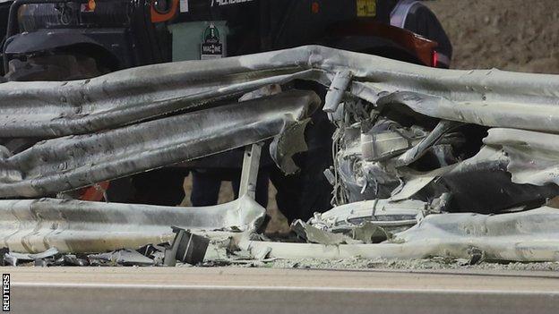 The aftermath of the barrier following Romain Grosjean's crash