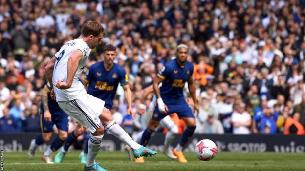 Patrick Bamford misses a penalty for Leeds United against Newcastle United at Elland Road