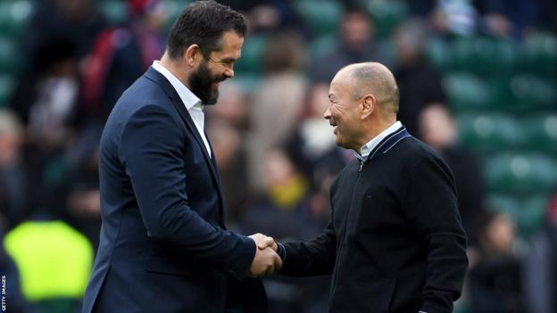 Ireland head coach Andy Farrell (left) and England head coach Eddie Jones (right) shake hands ahead of the 2019 Six Nations contest