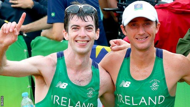 Paul Pollock and Kevin Seaward after completing the Olympic marathon in 2016