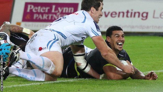 Josh Matavesi (right) celebrates his try for Ospreys during their win against Exeter in November 2015