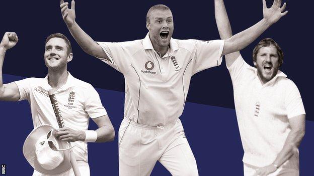 Stuart Broad, Andrew Flintoff and Ian Botham celebrate