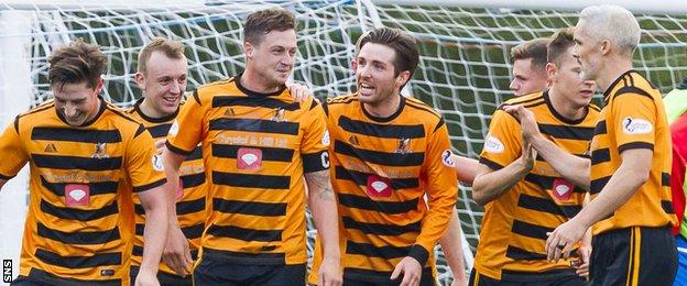 Alloa celebrate Jason Marr's winner against Inverness in the League Cup