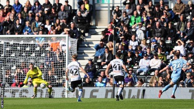 Coventry striker Matt Godden sends a shot across Derby goalkeeper Ryan Allsop to score his 12th goal of the season