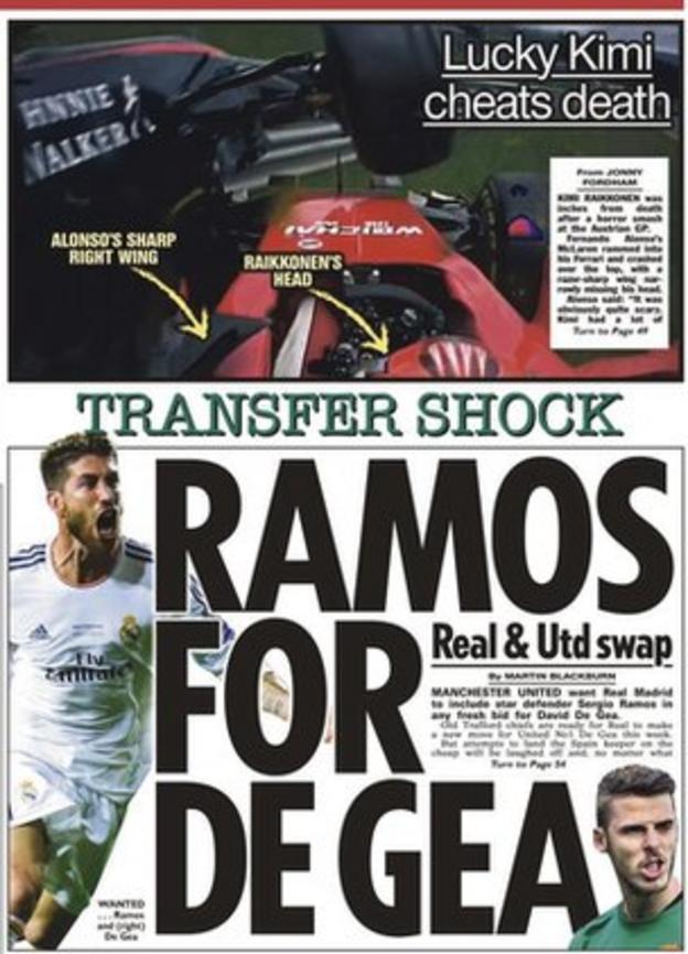 The back page on Monday's Sun