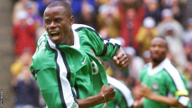 Mutiu Adepoju celebrates a goal for Nigeria in a 3-2 win over Spain at the 1998 World Cup