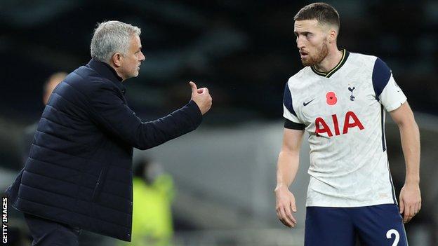 Jose Mourinho gives instructions to Matt Doherty during a recent Tottenham game