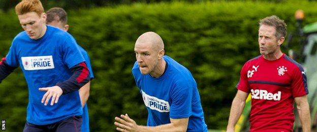 Philippe Senderos (centre) in training with Rangers