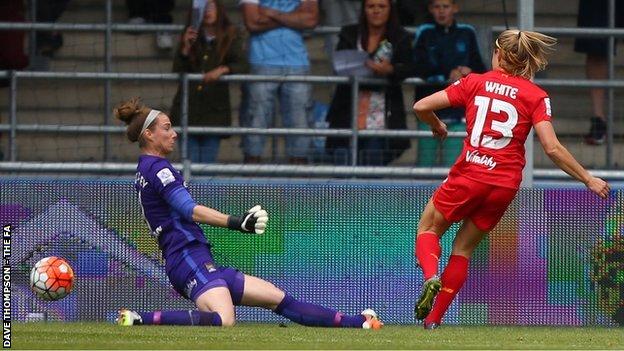 Liverpool Ladies' Rosie White scores after four minutes against Manchester City