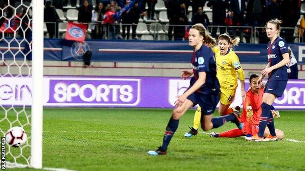 Maren Mjelde of Chelsea scores her sides first goal