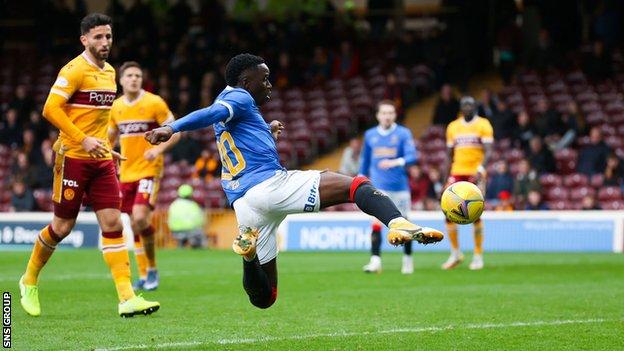 Fashion Sakala stretched to finish for Rangers' fifth goal and his hat-trick