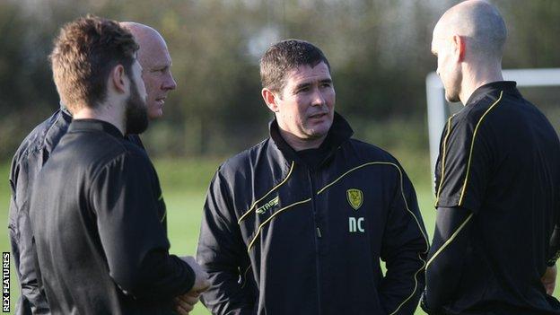 Nigel Clough (third from left) takes charge of his first session after returning to Burton Albion as manager