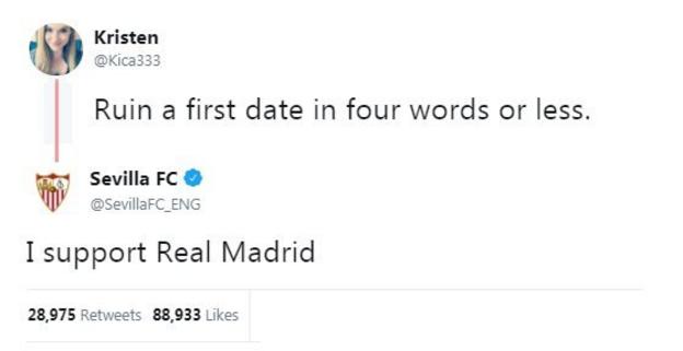 A twitter user asks for responses to the question "ruin a date in four words or less". Seville reply: "I support Real Madrid".