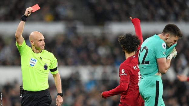 Nick Pope is sent off for Newcastle against Liverpool