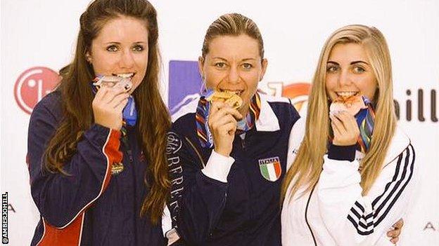 Amber Hill (right) celebrates winning bronze in Azerbaijan