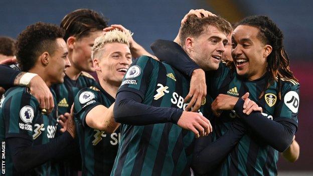 Patrick Bamford (second from right) is congratulated after his hat-trick at Aston Villa