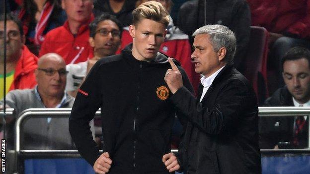 Manchester United's Scott McTominay and Jose Mourinho