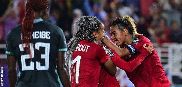 Moroccan players celebrate against Nigeria at the Women's Africa Cup of Nations