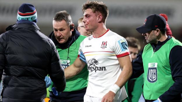 Ethan McIlroy received treatment after being knocked unconscious during Ulster's win over Munster