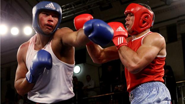 Frazer Clarke and Joe Joyce in the ring during an amateur contest