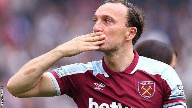 West Ham captain Mark Noble shows his appreciation to the fans at London Stadium after his last ever game