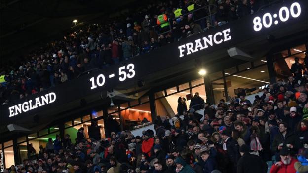 The scoreboard at Twickenham of France 's 53-10 win over England