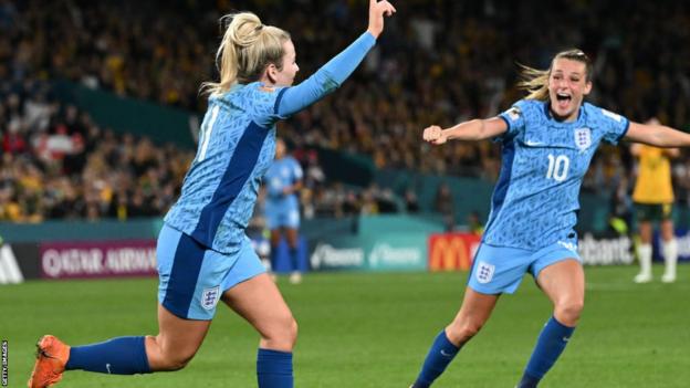 Lauren Hemp celebrates scoring against Australia at the Women's World Cup