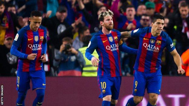 Barcelona forwards Neymar, Lionel Messi and Luis Suarez