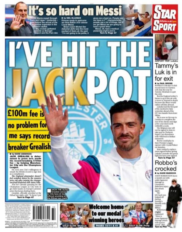 Tuesday's Star back page with the headline 'I've hit the jackpot' and a picture of Jack Grealish