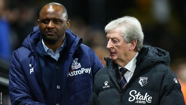 Then Crystal Palace boss Patrick Vieira (left) talks to then Watford boss Roy Hodgson (right)