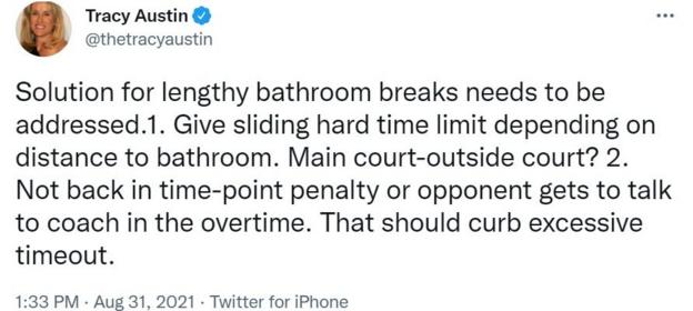 On Twitter, Tracy Austin proposes a time limit for bathtoom breaks