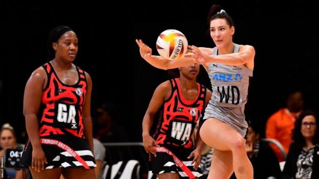Karin Burger of New Zealand playing at the Netball World Cup 2023 against Trinidad and Tobago
