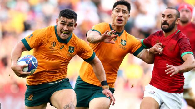 Australia players compete against Portugal at the Rugby World Cup in France