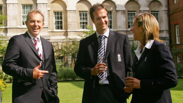 Former Prime Minister Tony Blair with England captains Michael Vaughan and Claire Connor