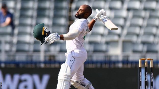 South Africa's Temba Bavuma celebrates reaching a century in the second Test against West Indies