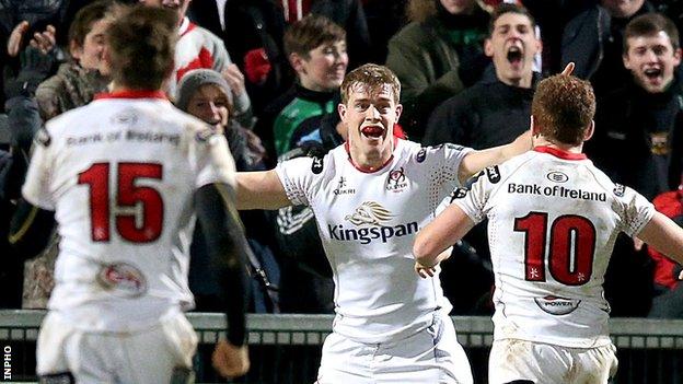 Andrew Trimble celebrates after scoring his brilliant individual try