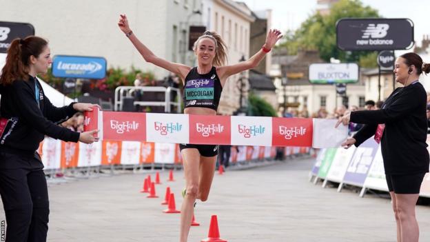 Eilish McColgan celebrates winning the Big Half, which runs from Tower Bridge to Greenwich, London