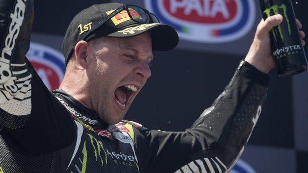 A familiar sight over the past five years - Jonathan Rea celebrating a race victory