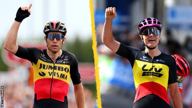 Les champions belges Wout van Aert (à gauche) et Lotte Kopecky (à droite) célèbrent leurs victoires