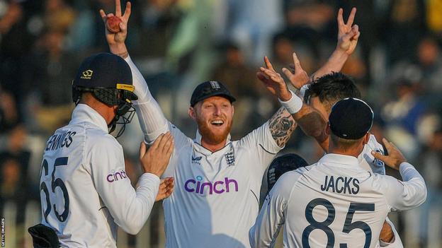 Ben Stokes celebrating the winning wicket with his team-mates