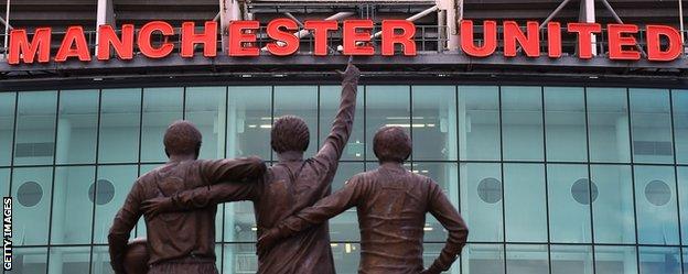 The statue of Denis Law, Bobby Charlton and George Best outside Old Trafford