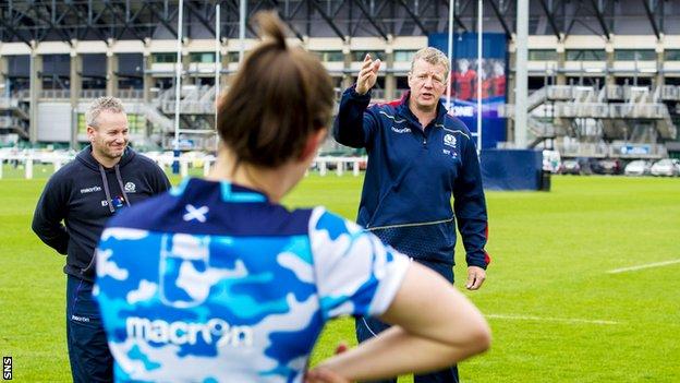 Coach Shade Munro and his Scotland's women rugby team in training