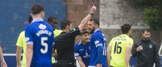 Hibernian's Lewis Stevenson (right) is shown a red card