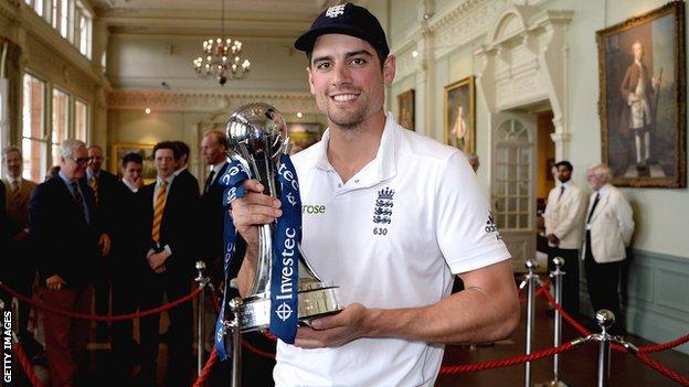 Alastair Cook with the Test series trophy