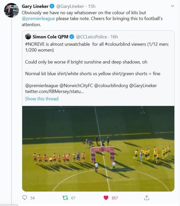 A Twitter user posts a tweet says in the game between Norwich and Everton is "almost unwatchable" for colour blind users because of the kit colours. Gary Lineker replies asking the Premier League to take note and thanking the user for bringing the issue to his attention
