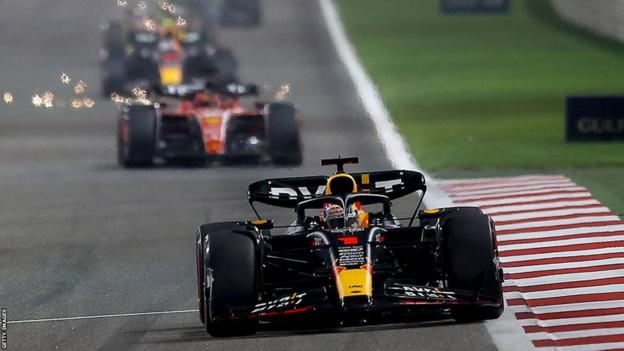 Max Verstappen leads the Bahrain Grand Prix from Charles Leclerc